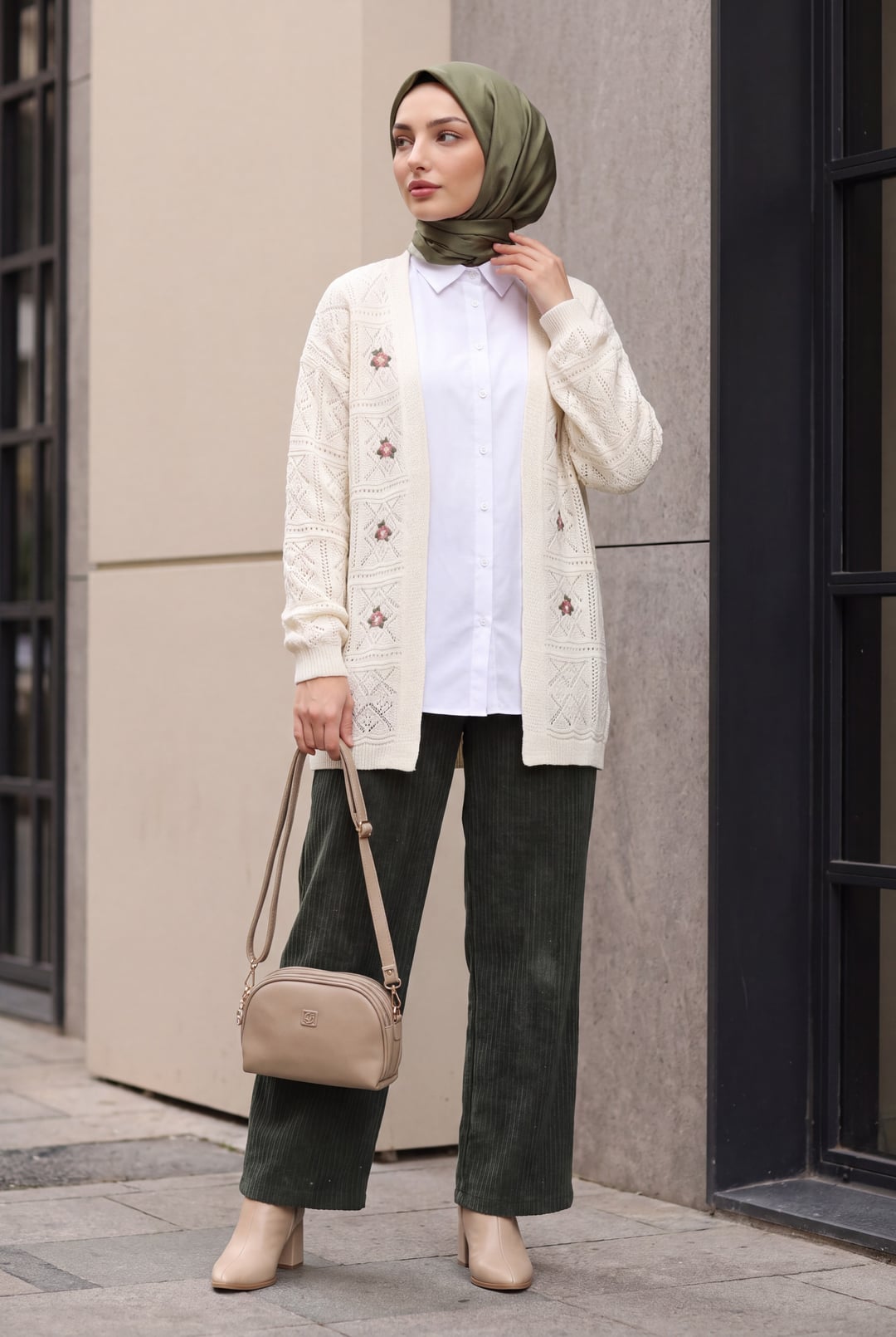 Open Front Embroidered Knit Cardigan - Ecru - Podyumplus - by Peralane - photo 3