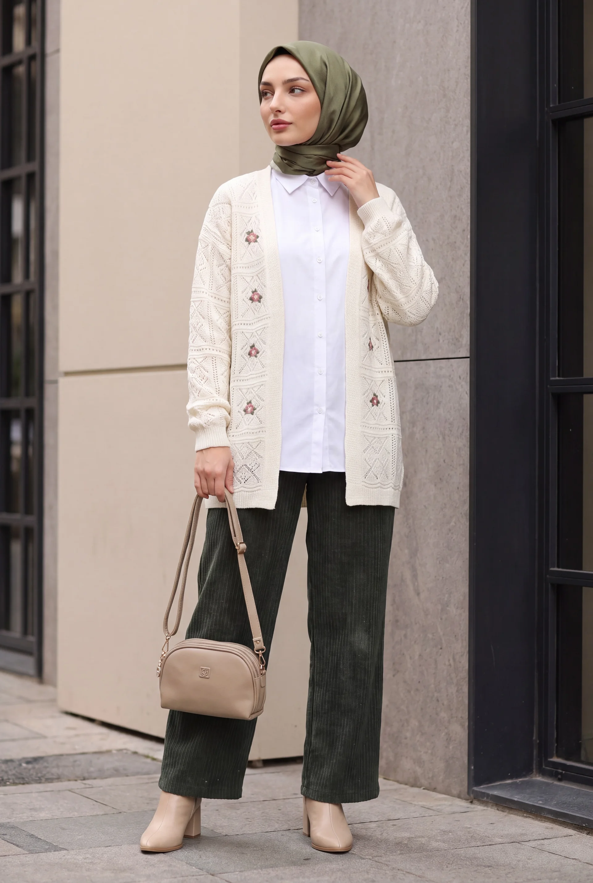 Open Front Embroidered Knit Cardigan - Ecru - Podyumplus - by Peralane - photo 3