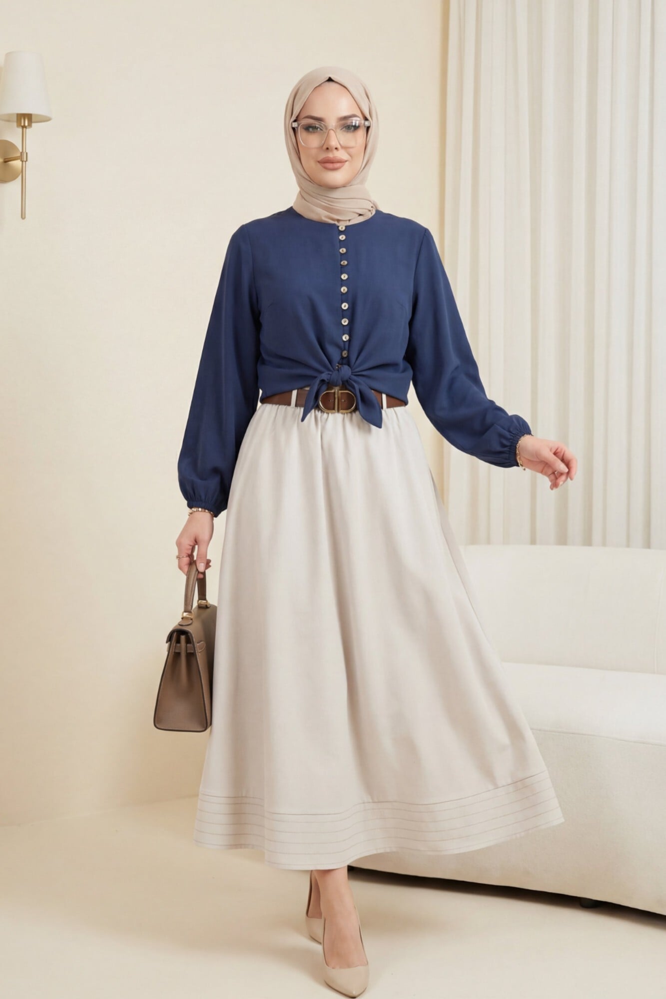 Navy Modal Blouse with Tie Hem and Elasticated Waist and Cuffs - Podyumplus - by Peralane - photo 2