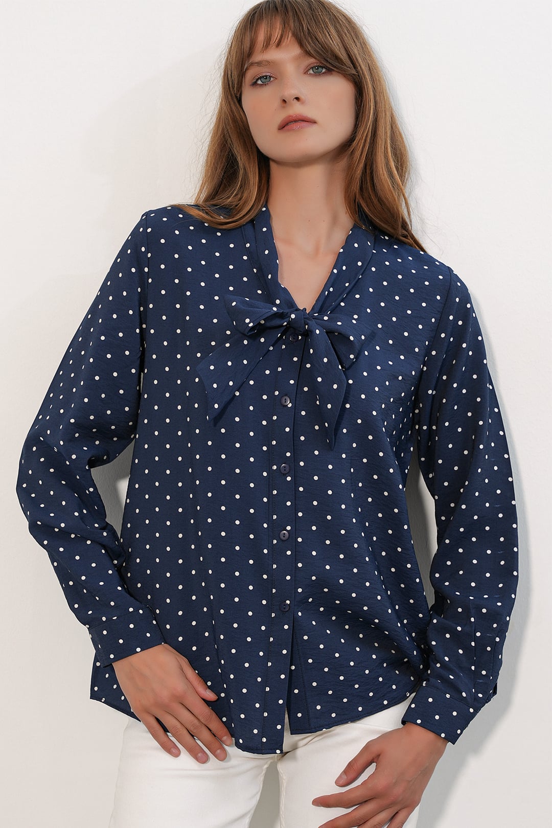 Women's Navy Polka Dot Tie Neck Blouse 40007 - Bigdart - by Peralane - photo 6