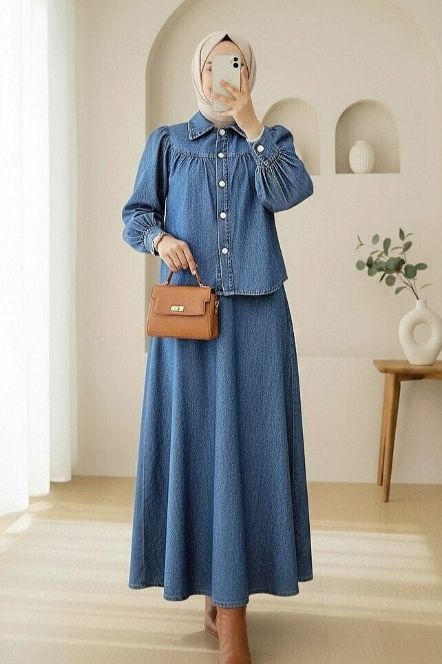 Women's Belted Button-Front Denim Skirt Suit - Indigo - Podyumplus - by Peralane
