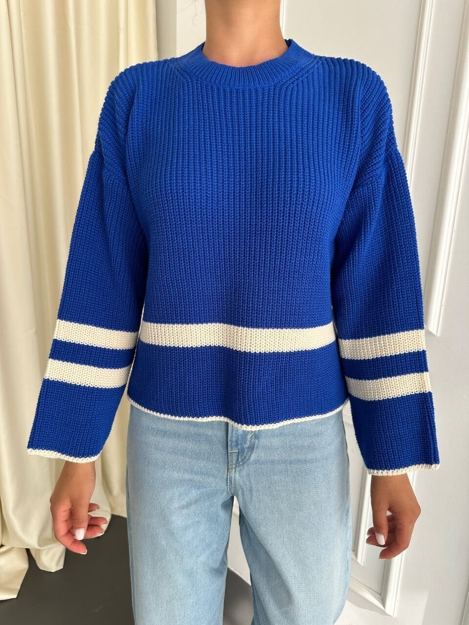Women's Royal Blue Striped Knit Sweater with Button Side Details - Saks - Podyumplus - by Peralane - photo 3