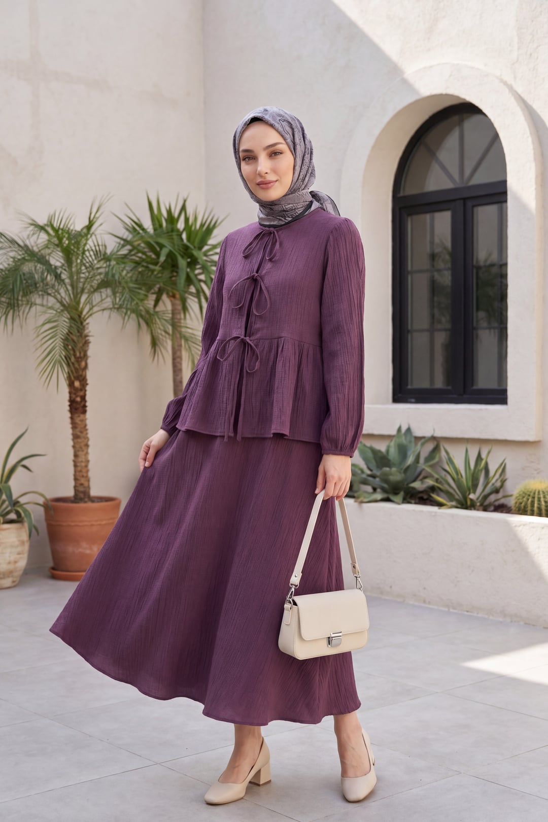 Front Tie, Elasticated Sleeve, Crinkled Two-Piece Set with Tunic and Maxi Skirt | Deep Plum - Podyumplus - by Peralane - photo 4