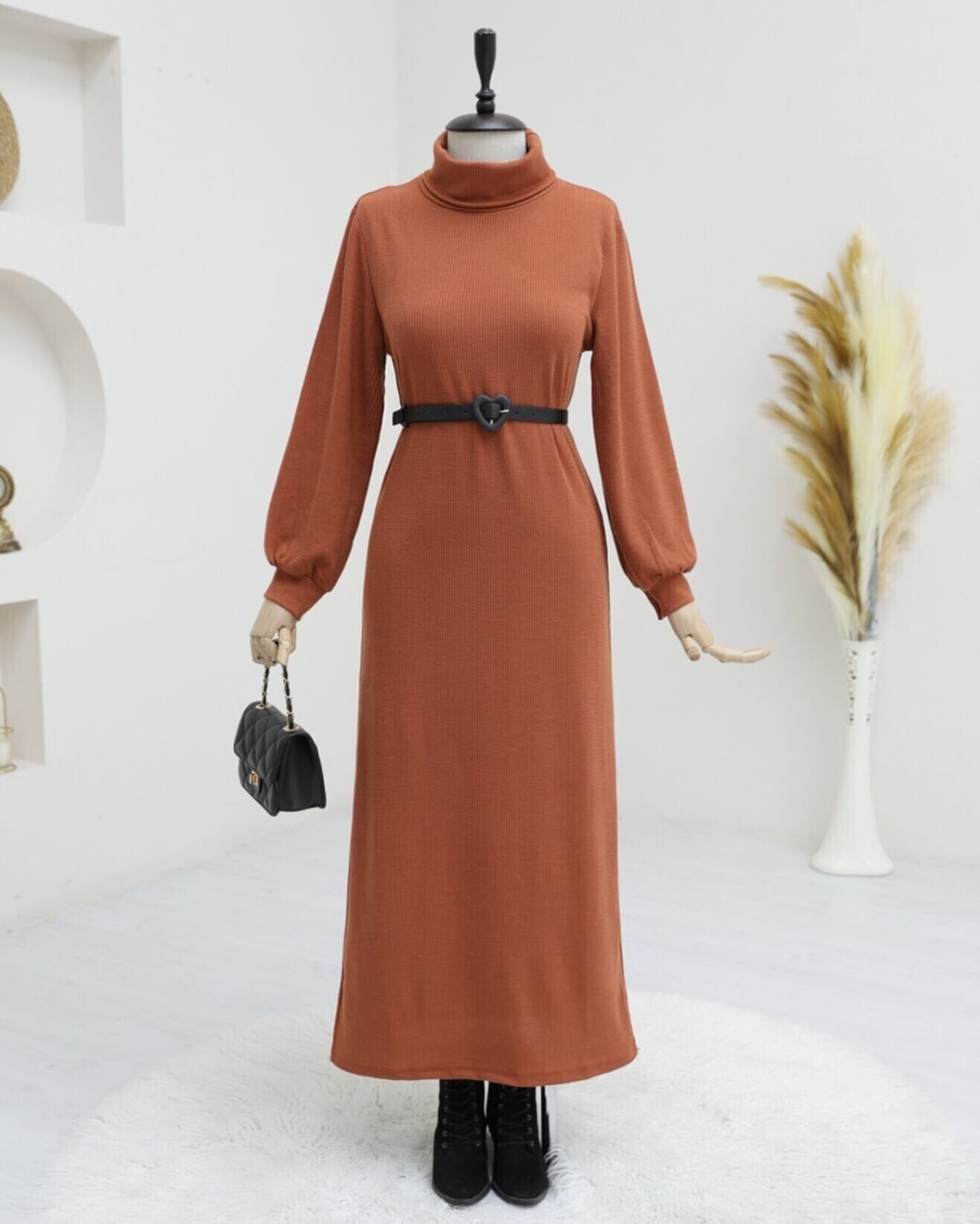 Rust Ribbed Knit Turtleneck Dress for Women - Podyumplus - by Peralane - photo 3