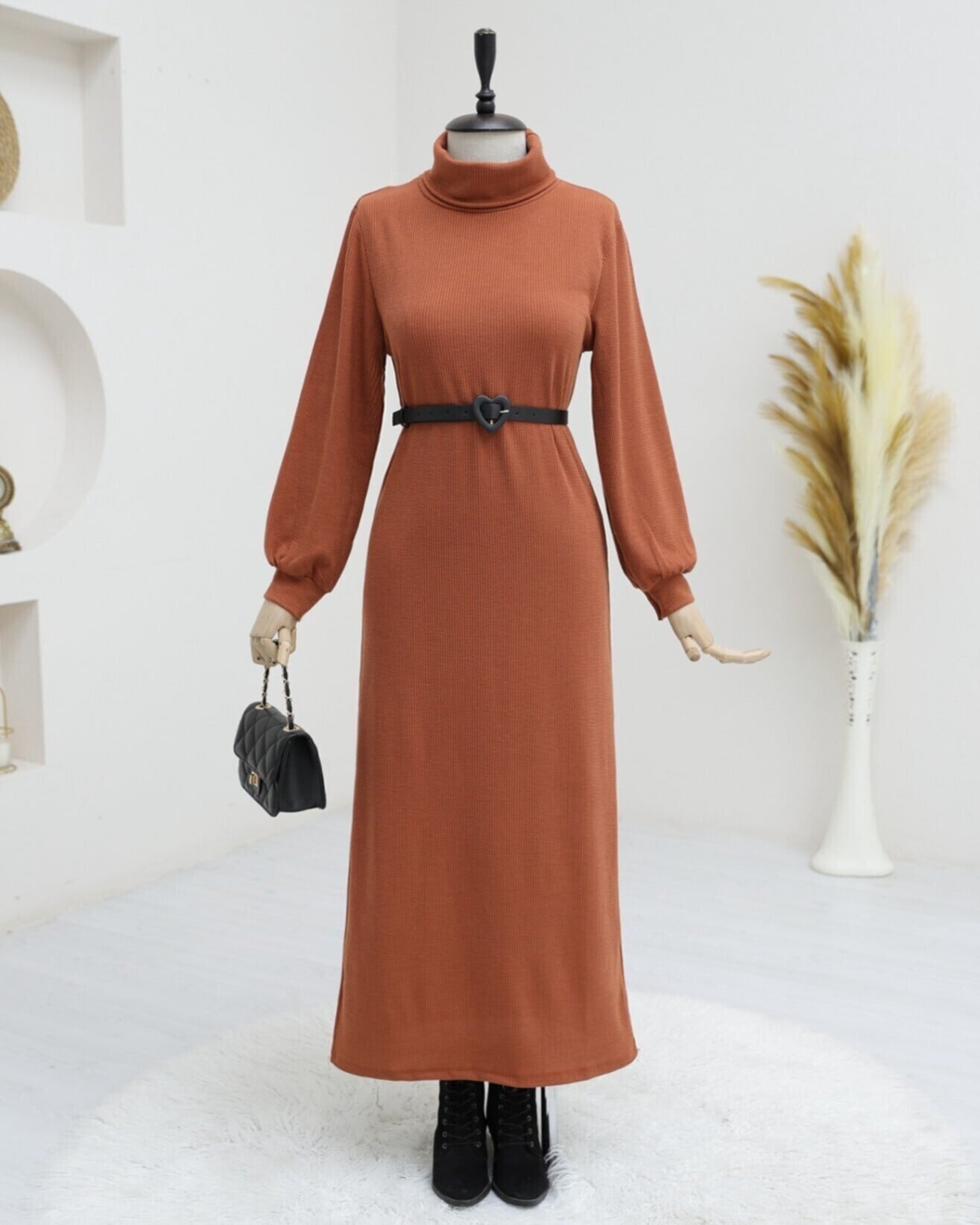Rust Ribbed Knit Turtleneck Dress for Women - Podyumplus - by Peralane - photo 3