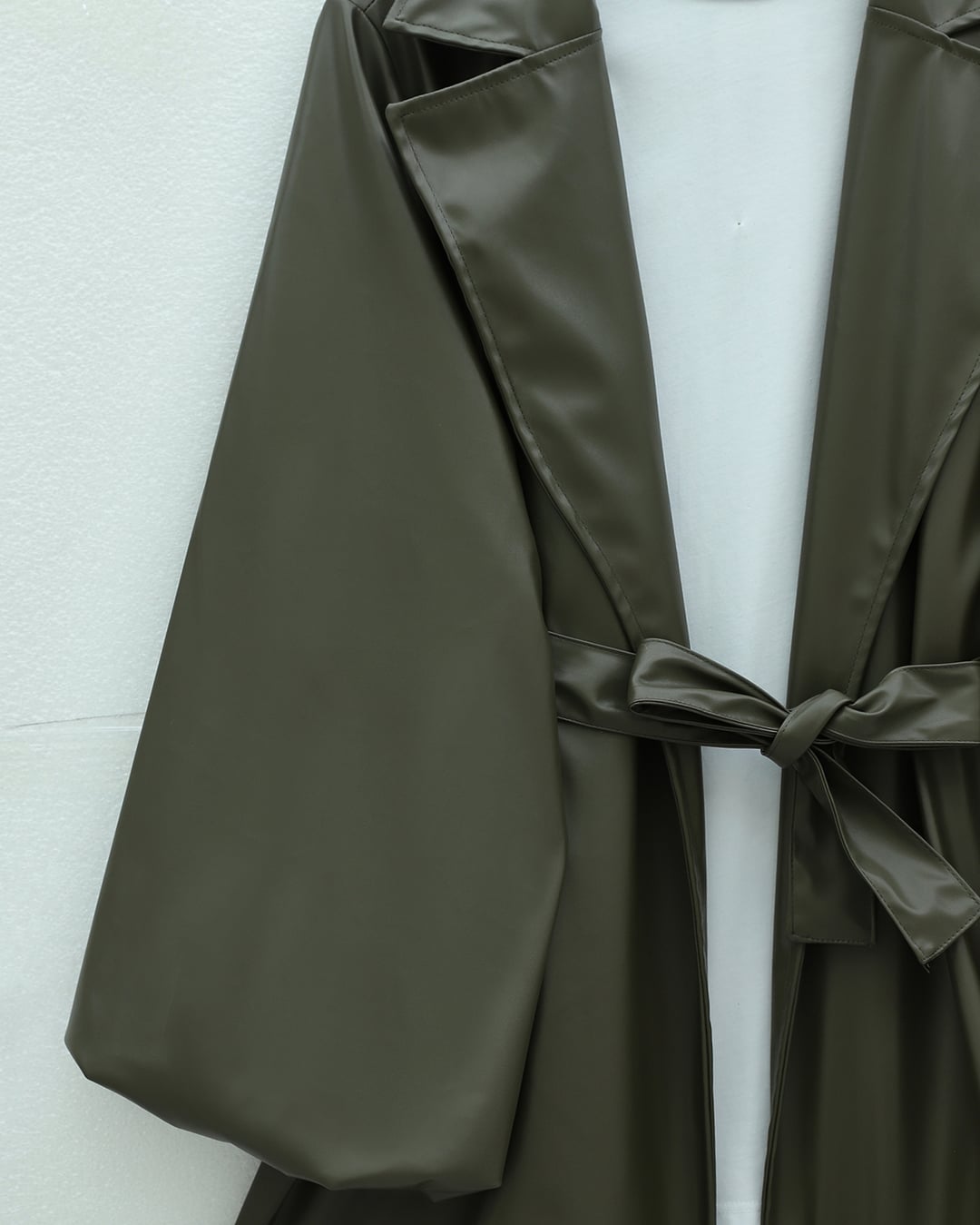 Balloon Sleeve Belted Faux Leather Jacket - Khaki - Podyumplus - by Peralane - photo 3