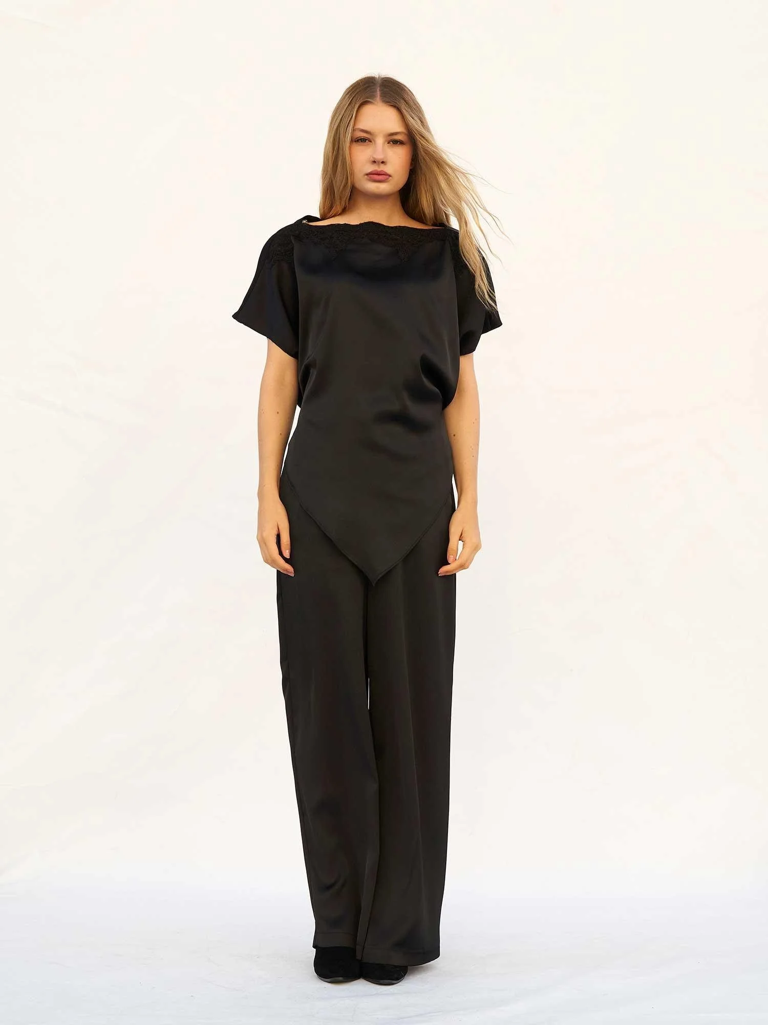 Black Lace-Trimmed Asymmetric Satin Blouse and Wide-Leg Trousers Set - Lefon - by Peralane