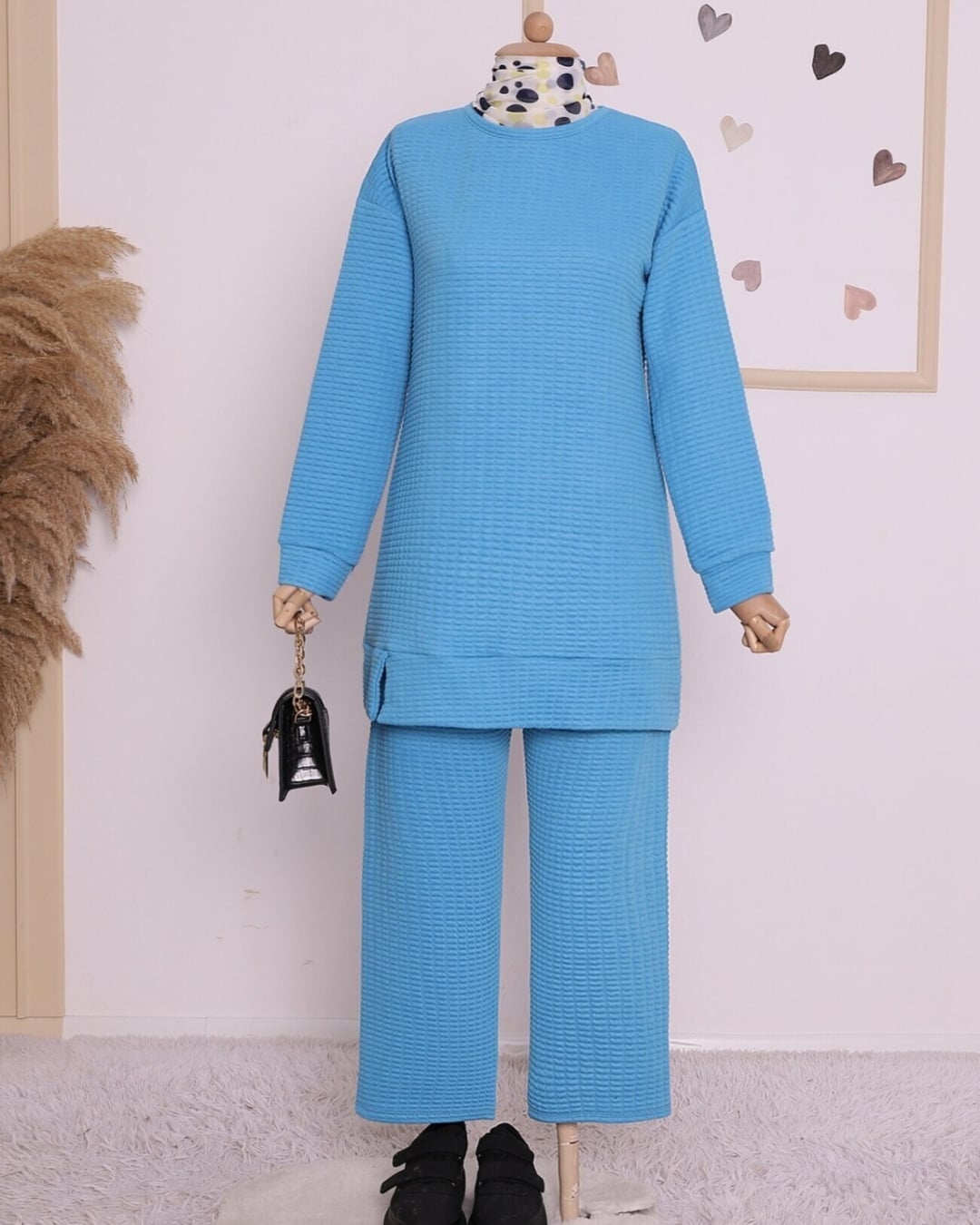 Crew Neck Quilted Set with Slit - Blue - Podyumplus - by Peralane - photo 2
