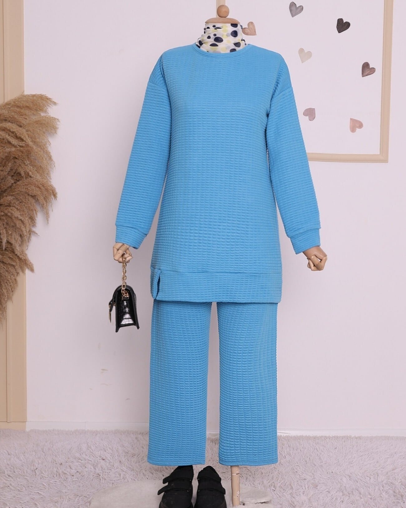 Crew Neck Quilted Set with Slit - Blue - Podyumplus - by Peralane - photo 2