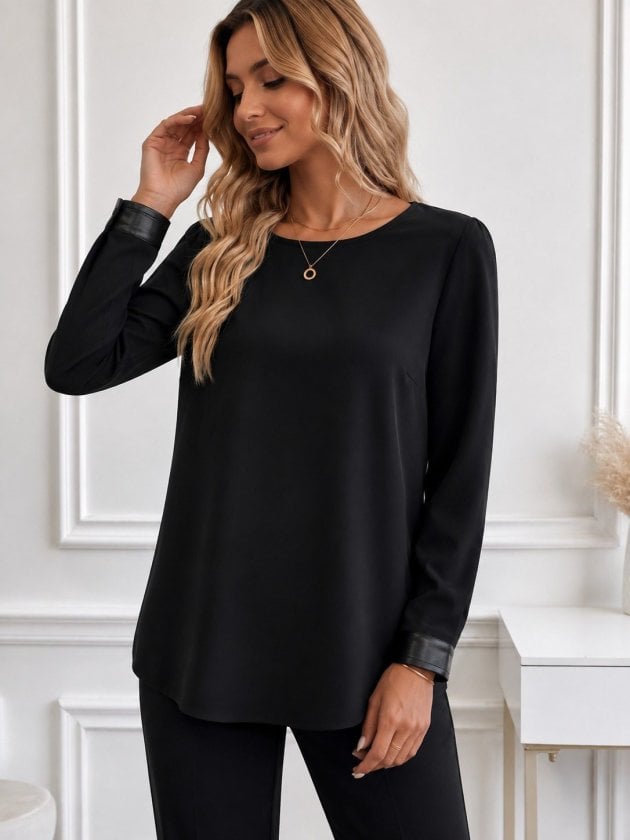 Women's Long Sleeve Crew Neck Blouse with Faux Leather Cuff Detail - Janes - by Peralane - photo 2