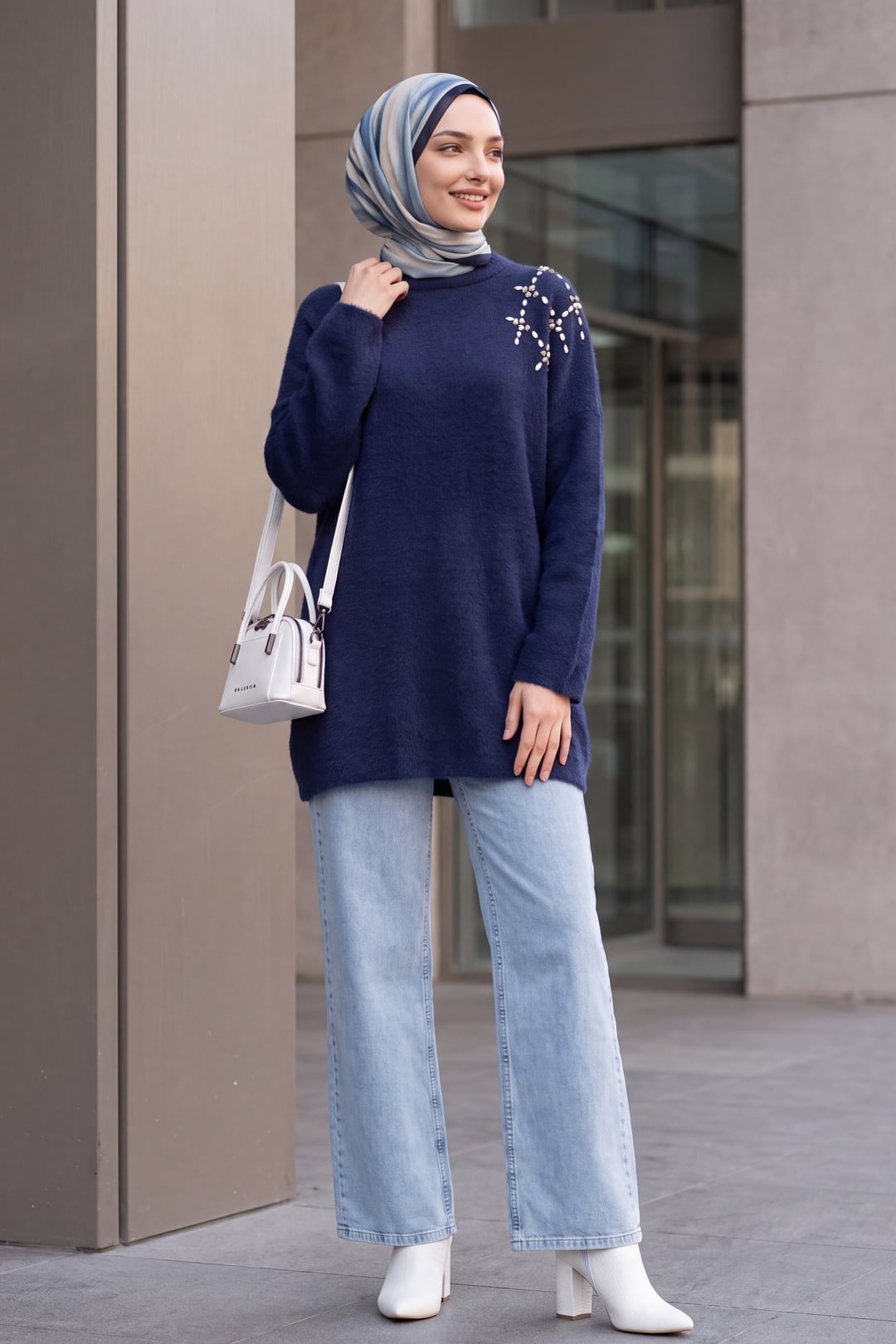 Navy Blue Stone Embellished Soft Knit Tunic - Podyumplus - by Peralane - photo 4