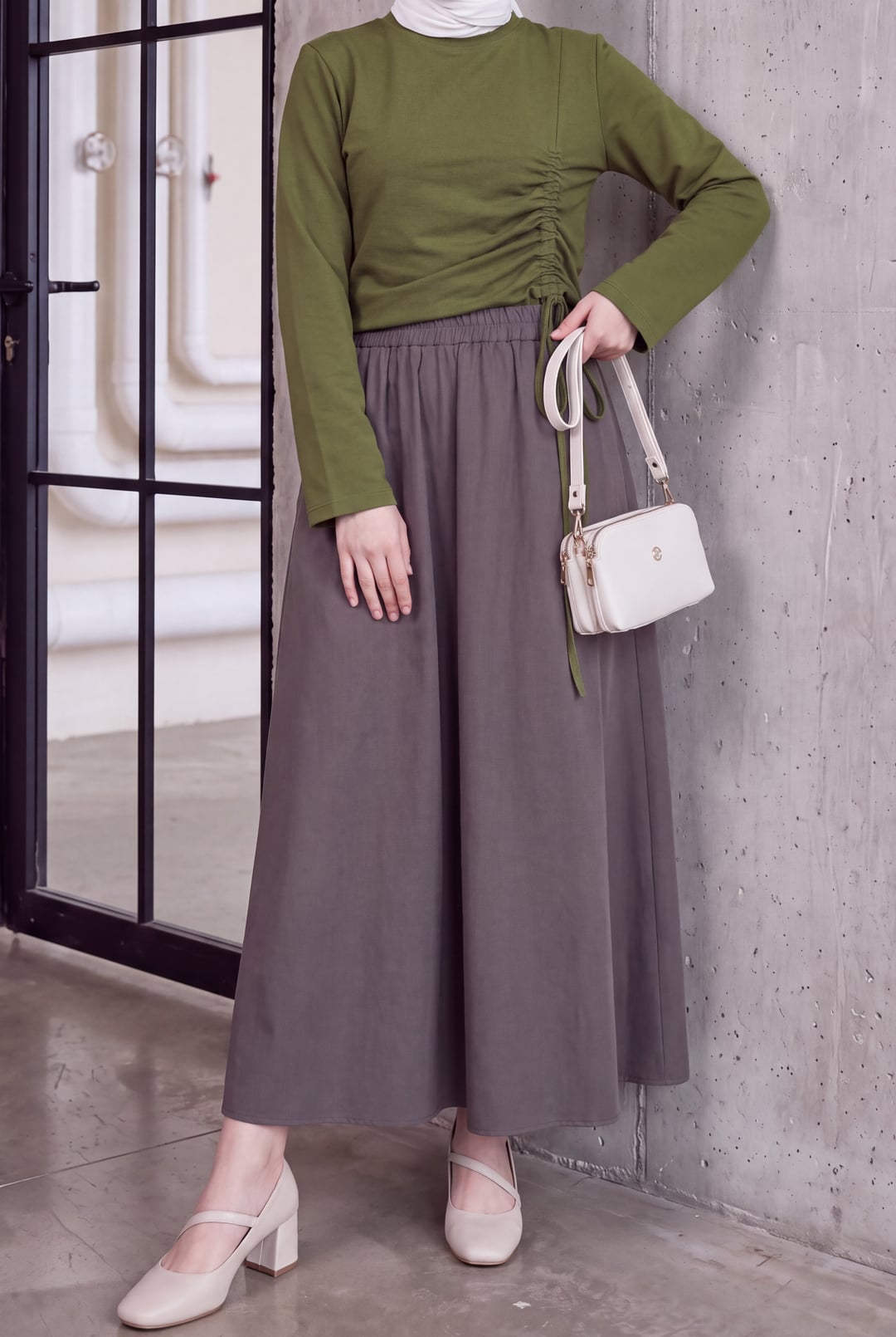Elastic Waist Double Pocket Poplin Skirt - Light Brown - Podyumplus - by Peralane - photo 2