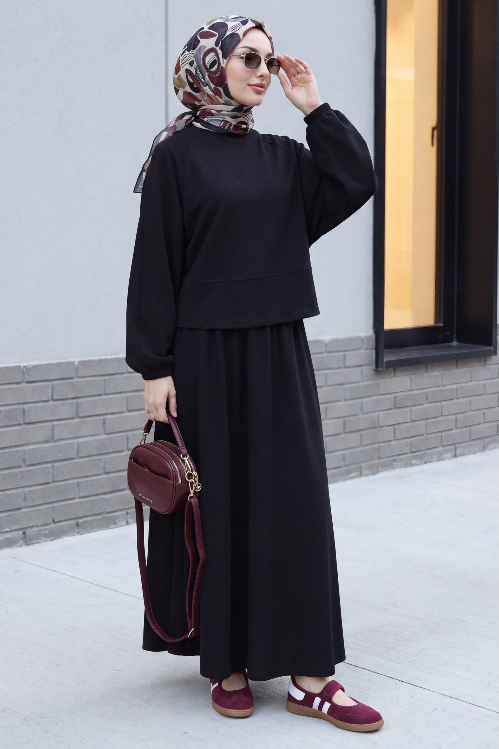 Black Biker Neck Batwing Sleeve Oversize Jersey Skirt Set - Podyumplus - by Peralane