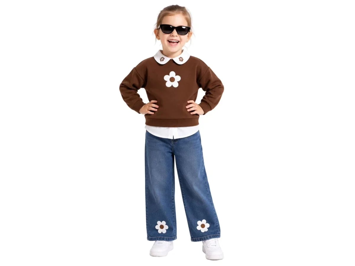 Girls' Floral Detail Sweatshirt and Denim Trousers Set - Incilay - by Peralane
