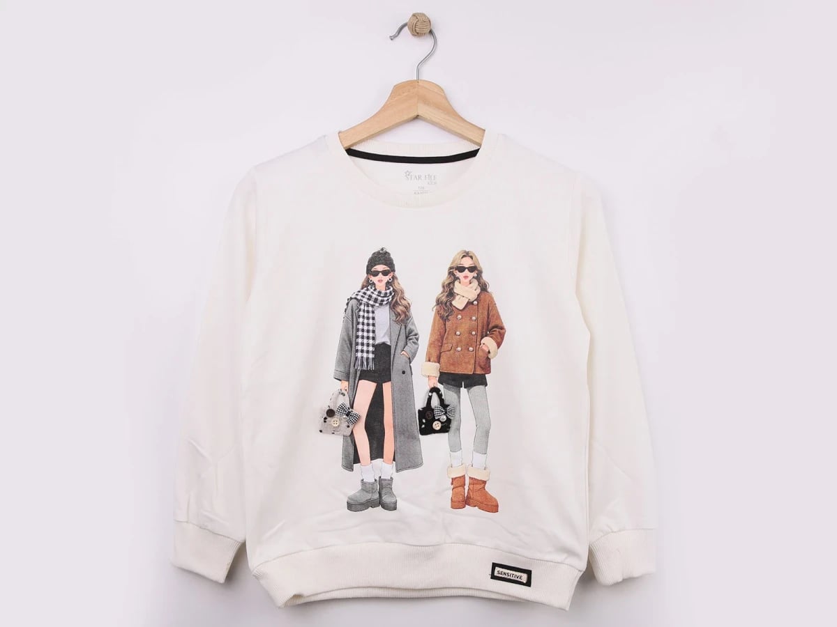 Girls Printed Stone Detail Sweatshirt - Off-White (Pack of 4) - Star File - by Peralane