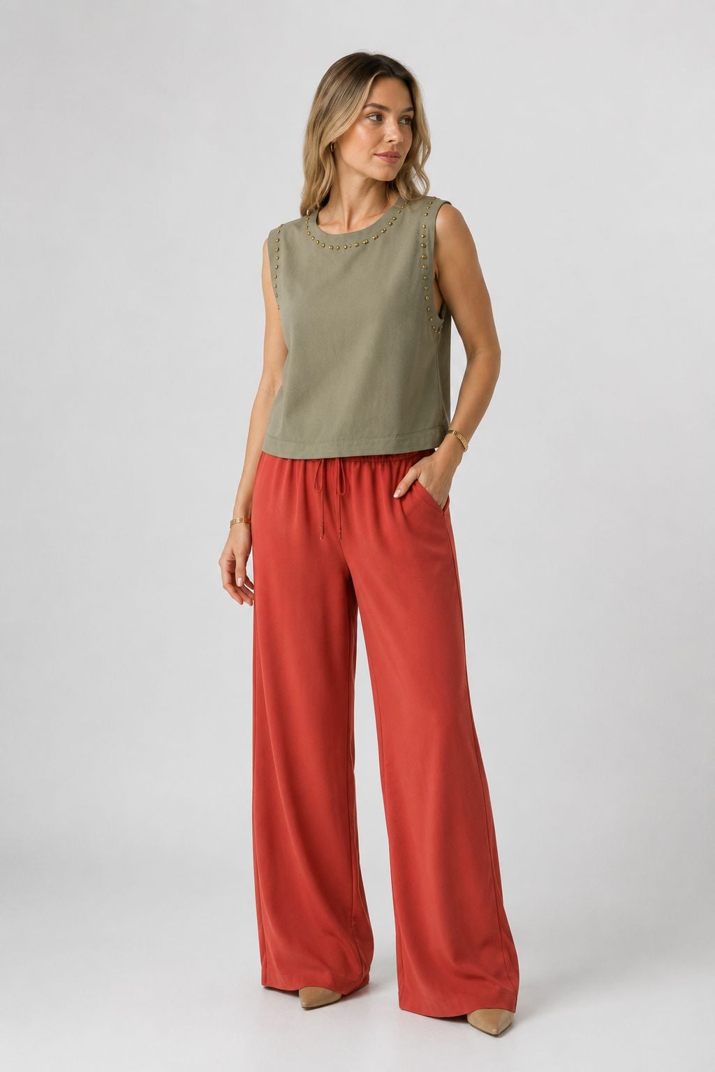 Sleeveless Blouse with Metal Stud Details in Green - Xlove - by Peralane - photo 3