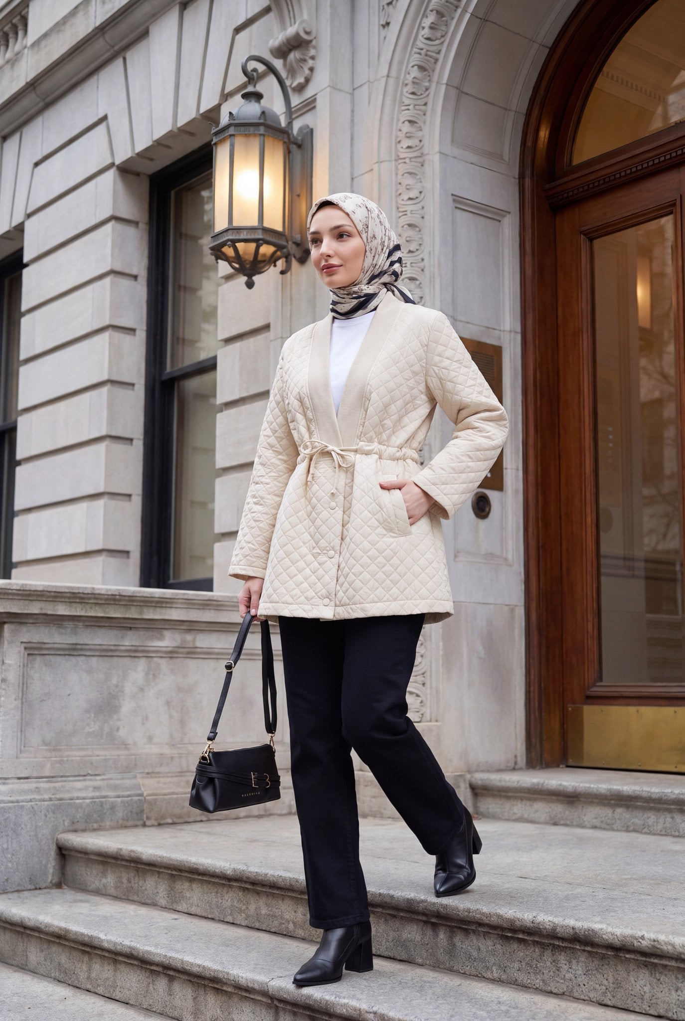 V-Neck Tie-Waist Quilted Jacket with Pockets and Button Closure - Beige - Podyumplus - by Peralane - photo 5