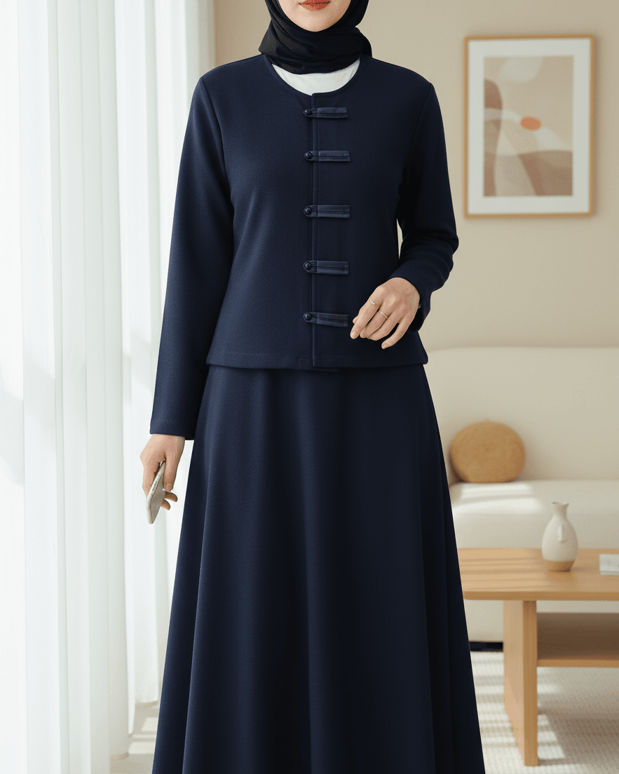 Navy Blue Leather-Trimmed Button-Front Jacket and Maxi Skirt Set - Podyumplus - by Peralane - photo 5
