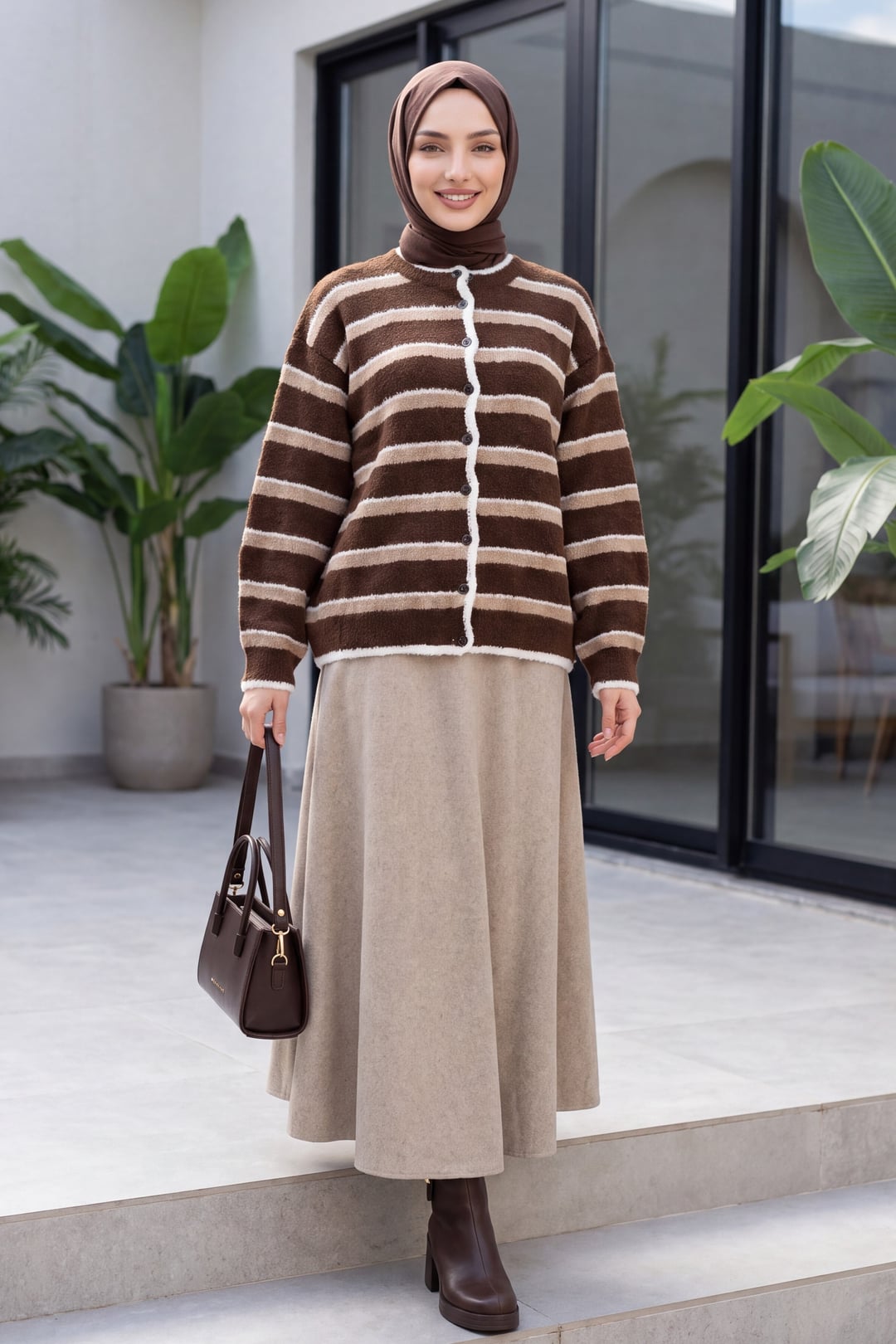 Round Neck Striped Knit Cardigan - Mink - Podyumplus - by Peralane - photo 5