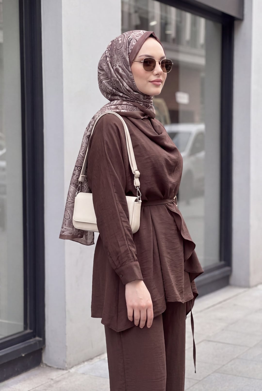 Asymmetric Cut Belted Cupro Two-Piece Set - Brown - Podyumplus - by Peralane - photo 6