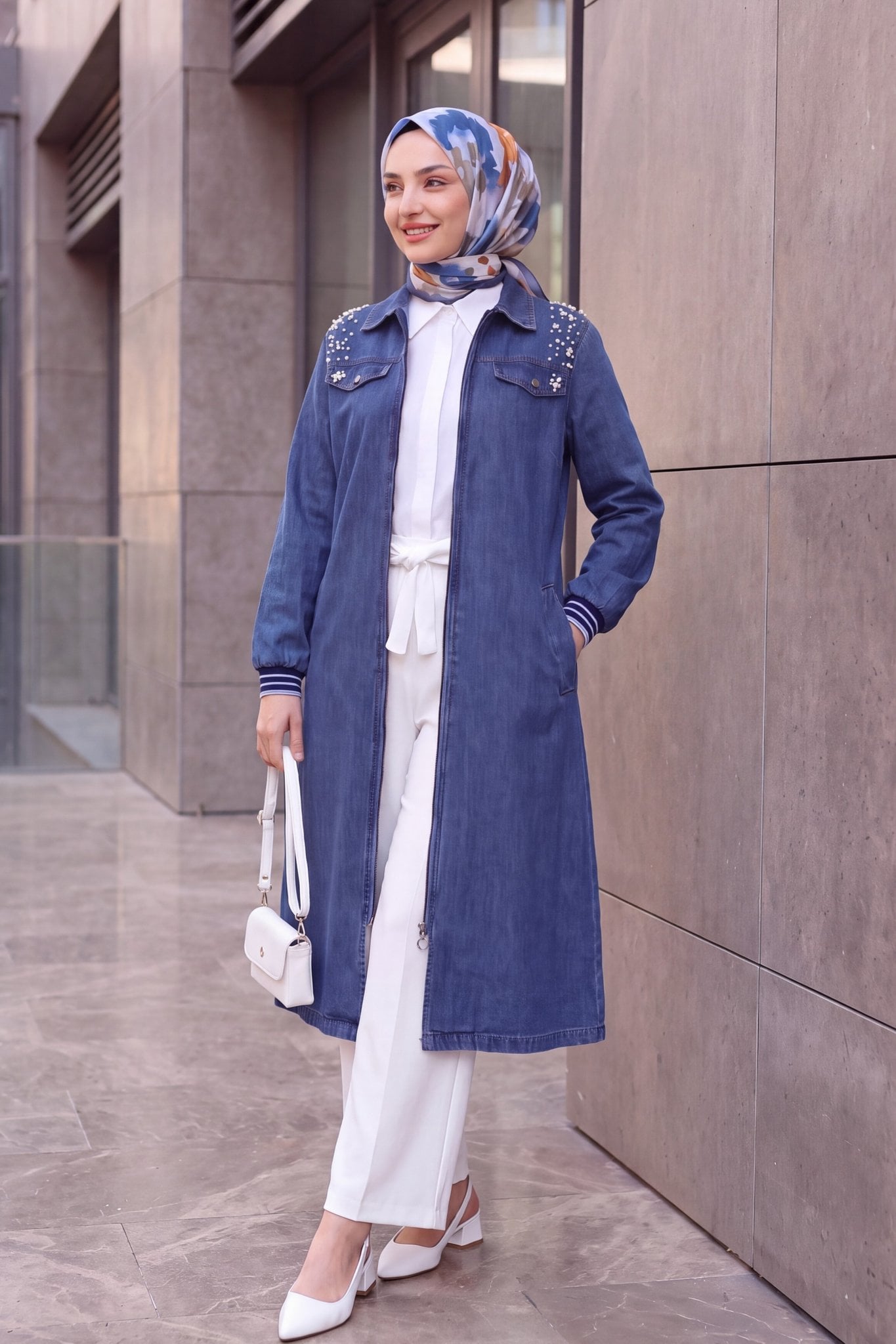 Pearl Shoulder Zip-Up Long Denim Coat - Indigo - Podyumplus - by Peralane - photo 7
