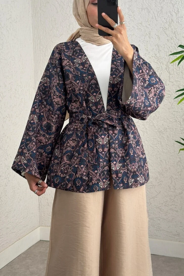 Women's Digital Print Belted Quilted Kimono - Dark Navy - Podyumplus - by Peralane