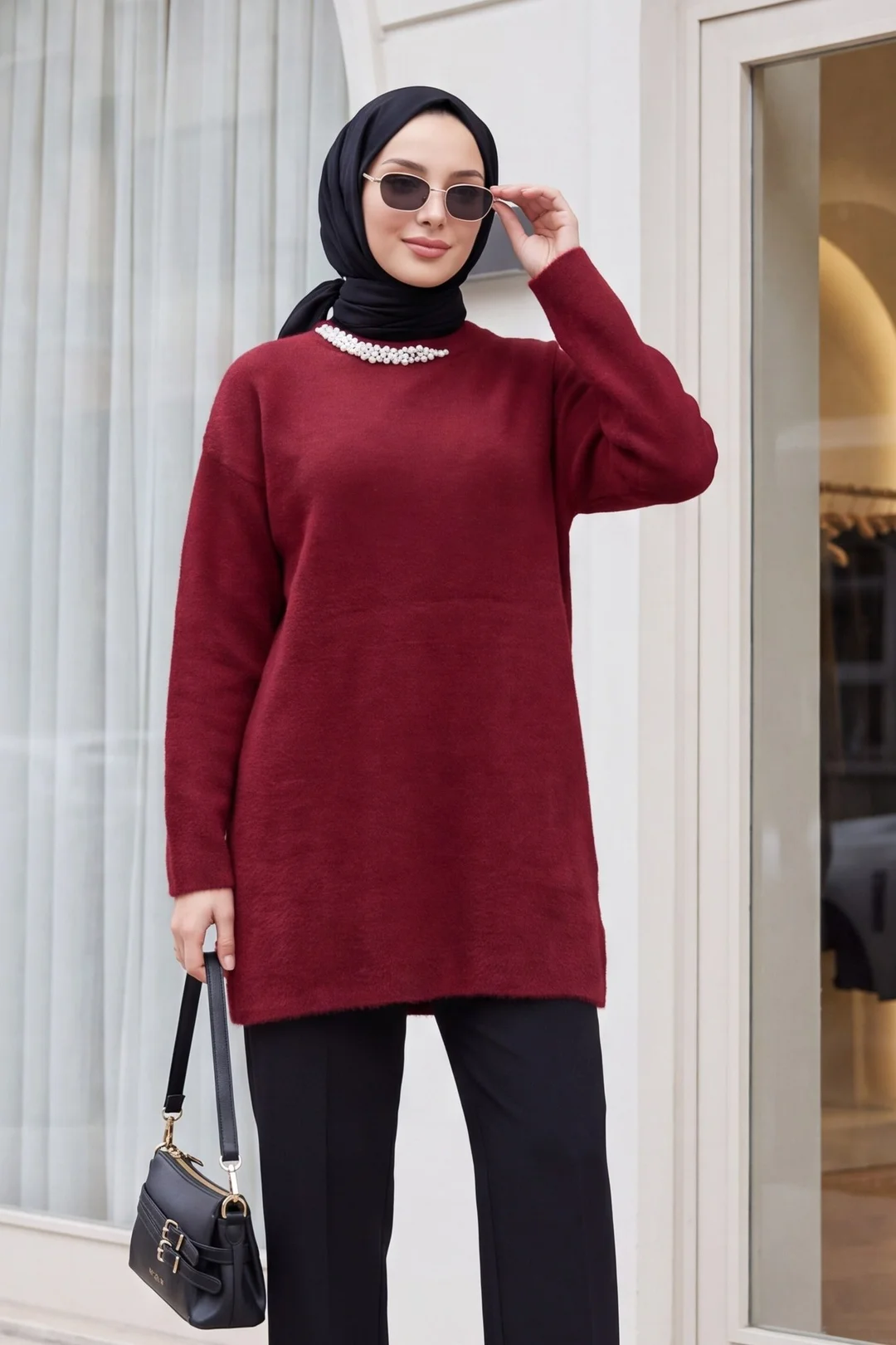 Pearl-Trimmed Soft Knit Tunic in Burgundy - Podyumplus - by Peralane - photo 2