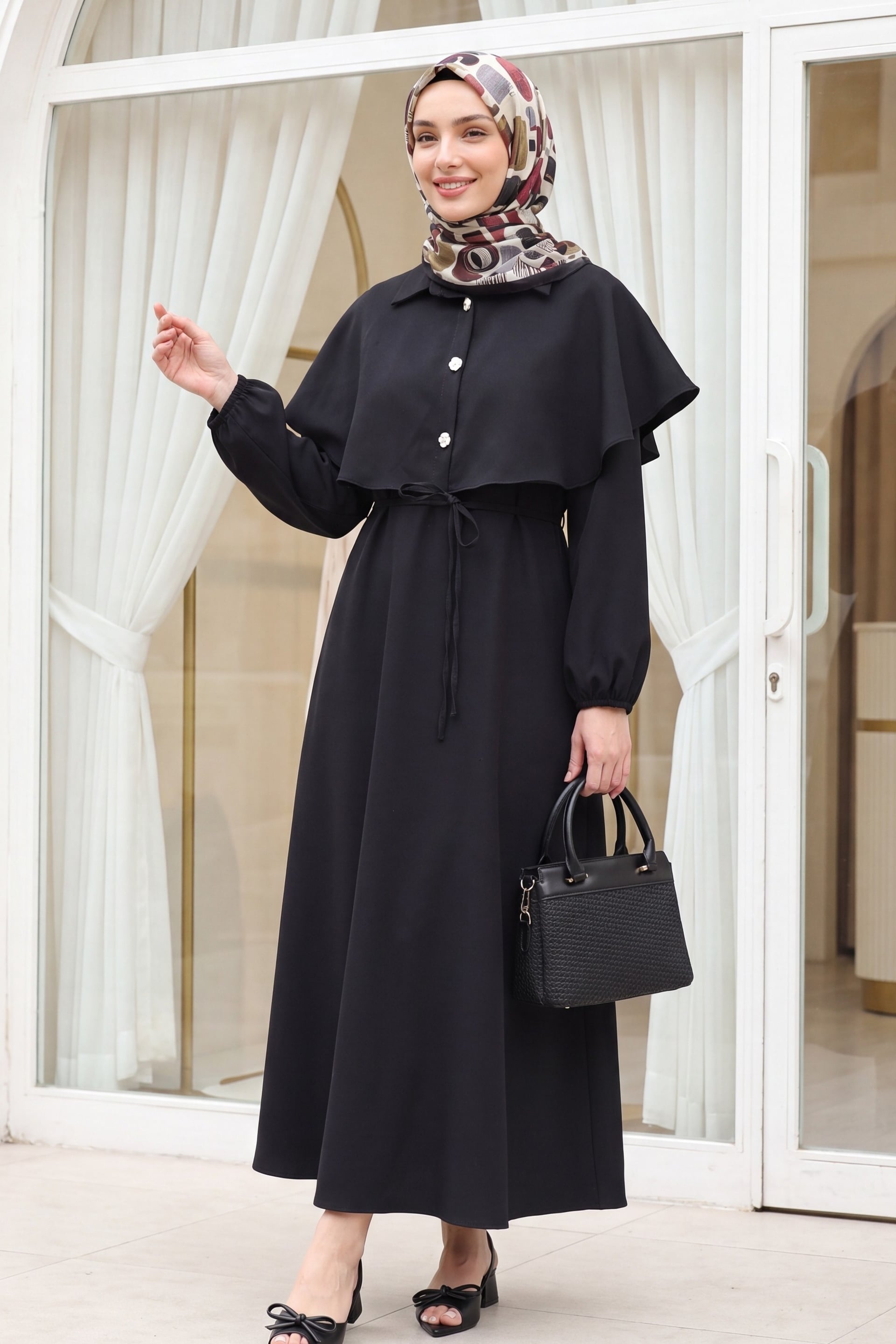 Collar Cape Detail Belted Elastic Cuff Crepe Dress - Black - Podyumplus - by Peralane