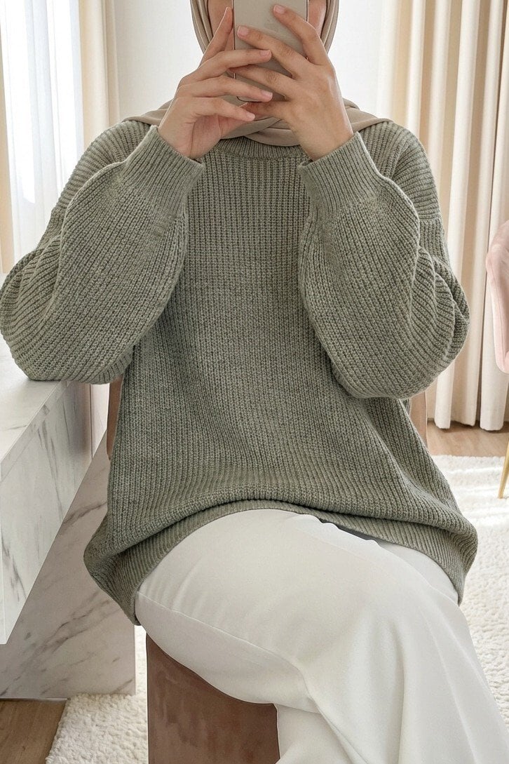 Round Neck Relaxed Fit Knit Tunic - Light Beige - Podyumplus - by Peralane