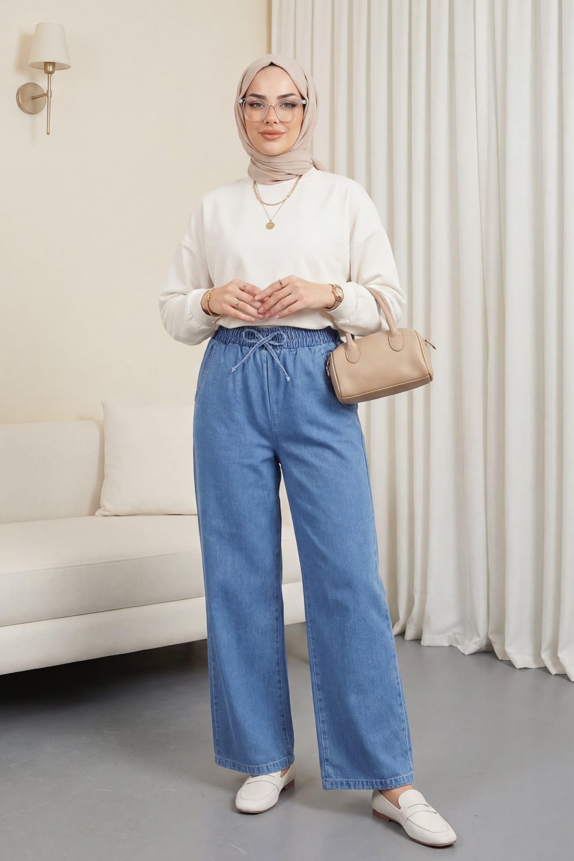 Wide Leg Denim Trousers with Elastic Waistband - Blue - Podyumplus - by Peralane - photo 5