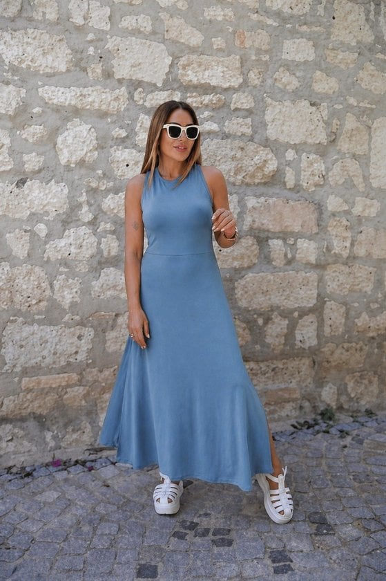 Women's Sleeveless Halter Maxi Dress in Solid Blue with Side Slit - Janes - by Peralane