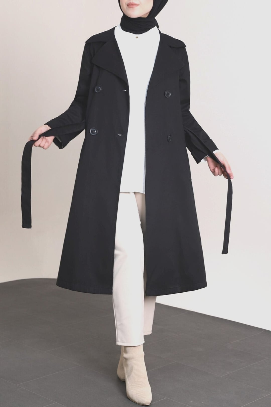 Black Double-Breasted Trench Coat with Tie Belt - Podyumplus - by Peralane - photo 6