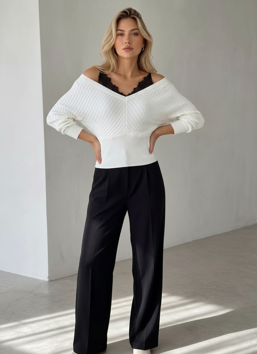 Off-Shoulder Ribbed Knit Sweater with Lace Trim - Cream - My Bee - by Peralane - photo 2