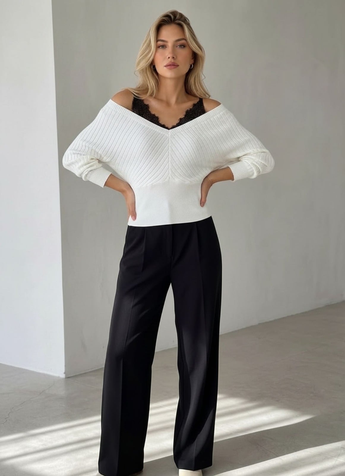 Off-Shoulder Ribbed Knit Sweater with Lace Trim - Cream - My Bee - by Peralane - photo 2