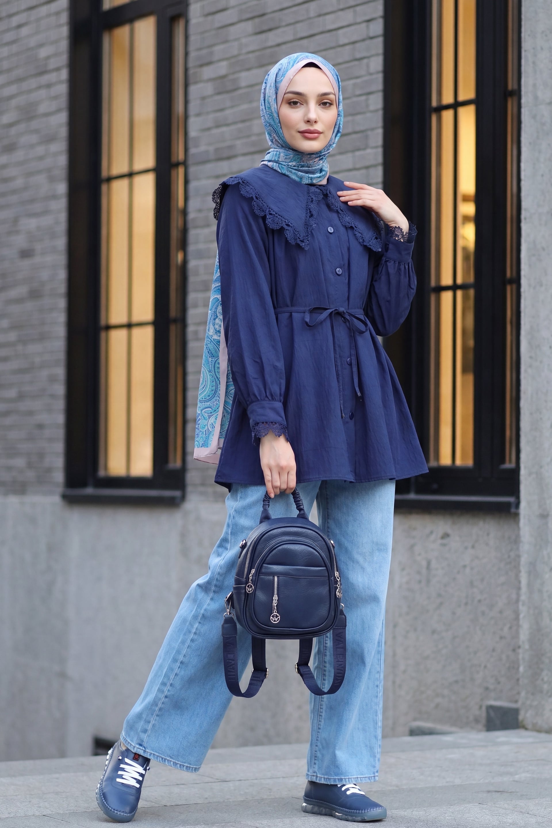 Wide Leg Elastic Waist Drawstring Denim Trousers - Blue - Podyumplus - by Peralane - photo 3