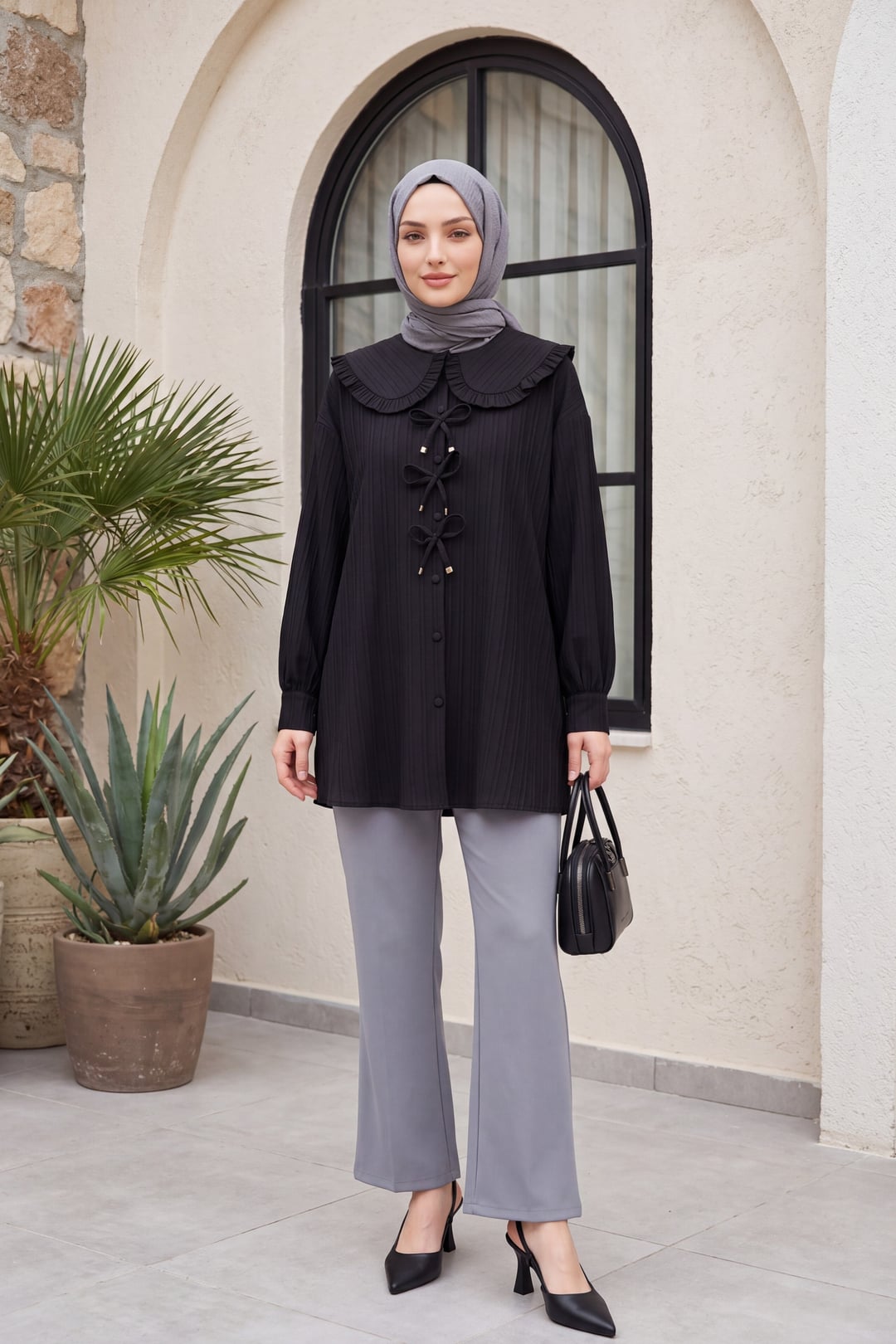 Black Ribbon Detail Buttoned Peter Pan Collar Tunic - Podyumplus - by Peralane - photo 3