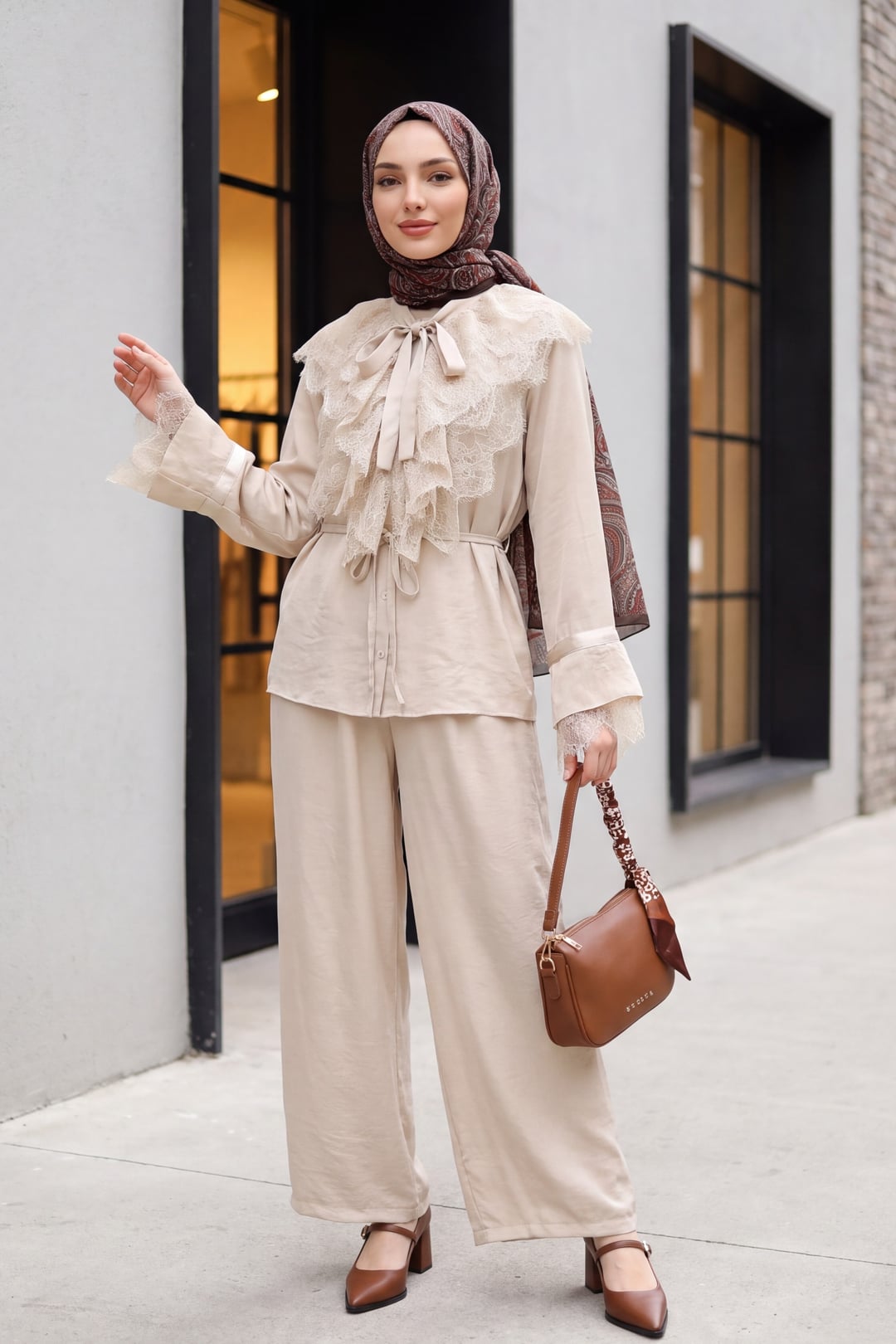 Lace Trim Drawstring Waist Wide-Leg Trousers Set in Stone - Podyumplus - by Peralane - photo 3