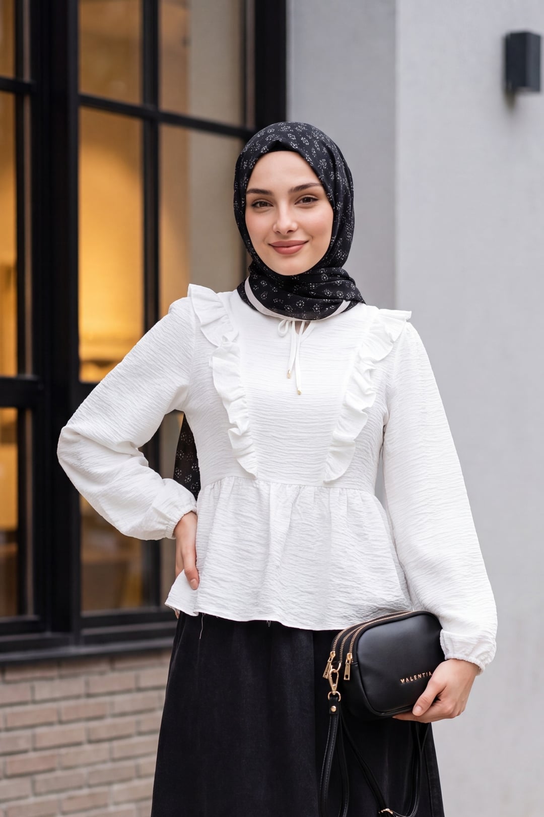 Crinkled Tie-Front Ruffle Blouse with Elasticated Cuffs - White - Podyumplus - by Peralane - photo 2