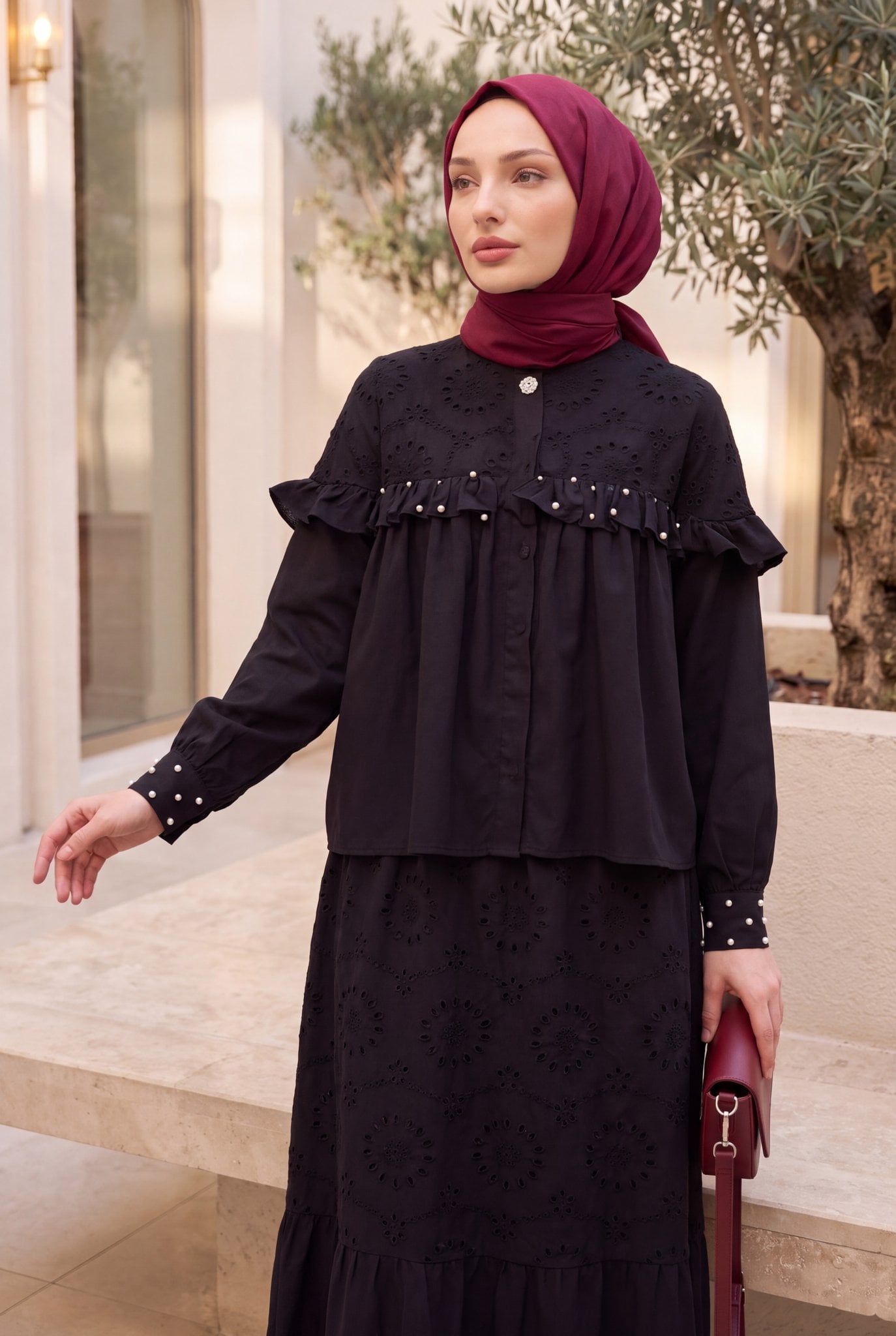 Black Modest Two-Piece Set with Eyelet Skirt and Pearl Trim - Podyumplus - by Peralane - photo 5