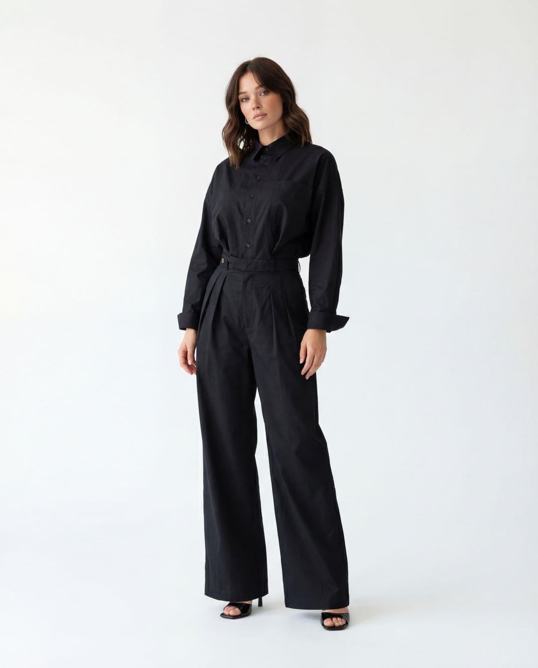 Black Cotton Blouse and Wide-Leg Trousers Set - Fame - by Peralane