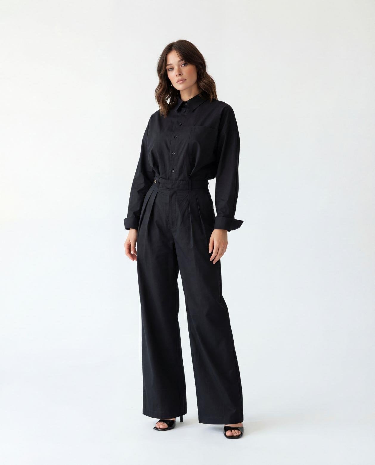 Black Cotton Blouse and Wide-Leg Trousers Set - Fame - by Peralane