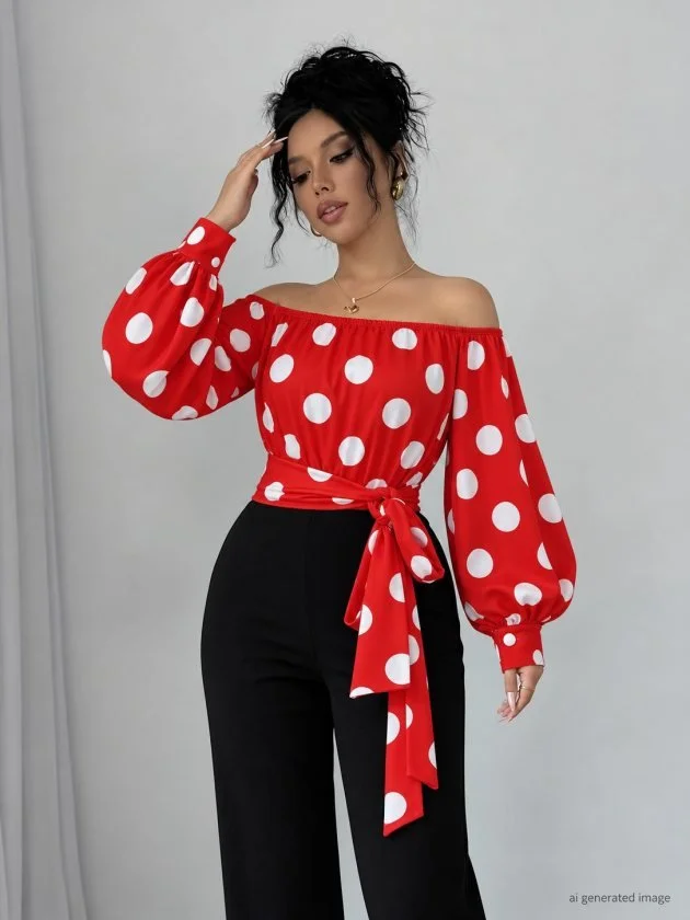 Women's Red Polka Dot Off-Shoulder Blouse with Tie Waist and Balloon Sleeves - Janes - by Peralane