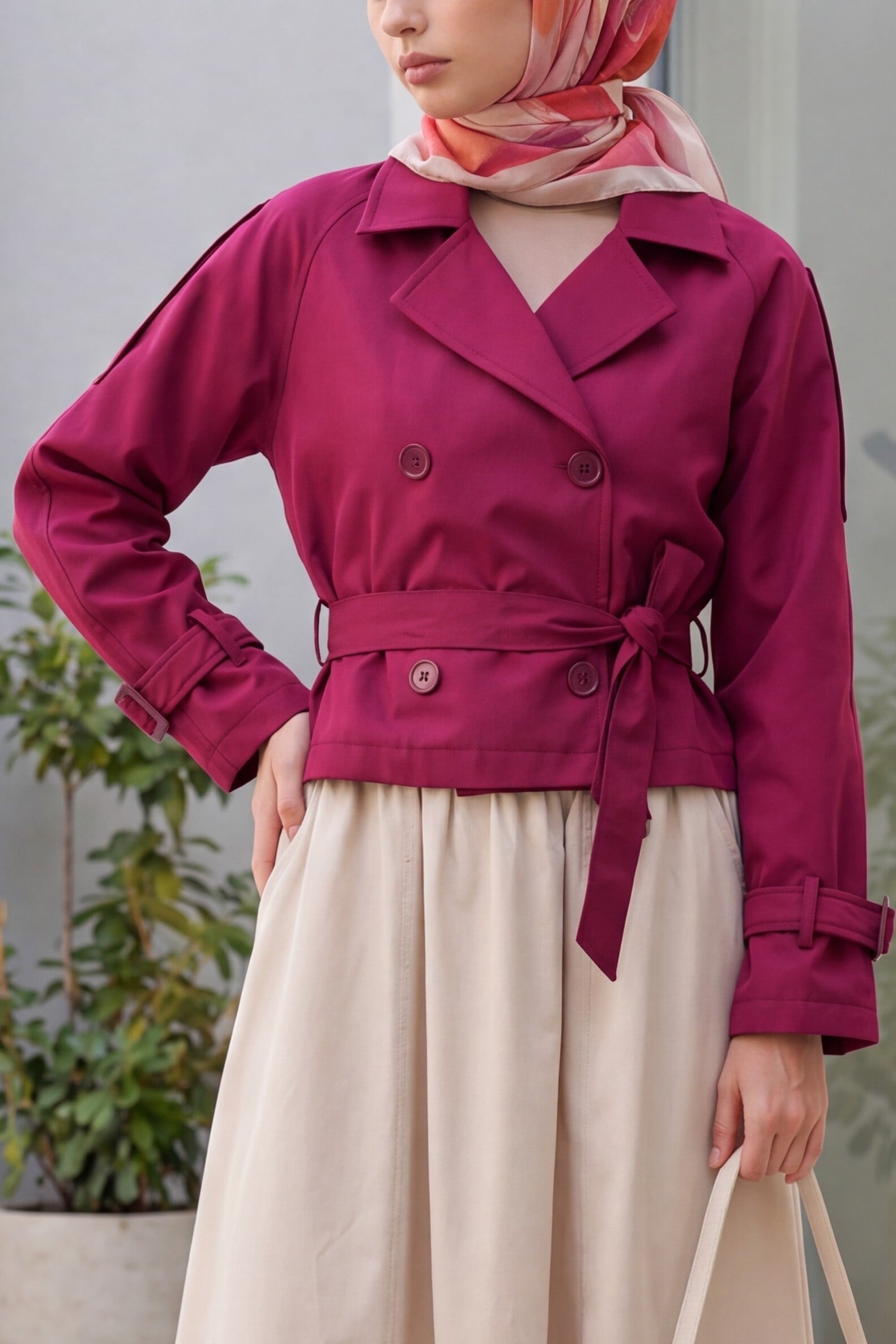 Women's Belted Short Trench Coat 5970 - Burgundy - Wholeskop - by Peralane