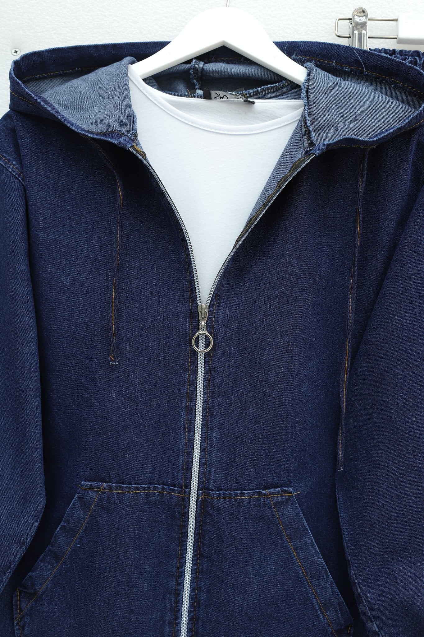 Hooded Zip-Front Denim Tracksuit with Elastic Cuffs and Pockets - Dark Blue - Podyumplus - by Peralane - photo 5