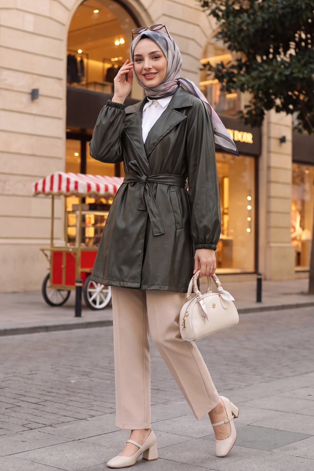 Women's Double Pocket Olive Green Faux Leather Belted Jacket - Podyumplus - by Peralane - photo 2