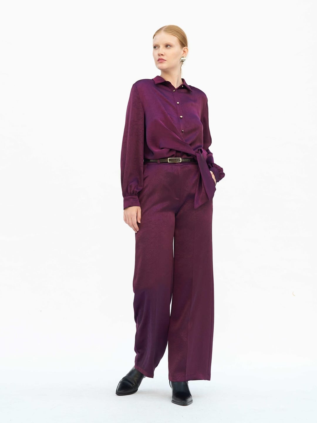Plum Satin Wide-Leg Trousers with Belt - Lefon - by Peralane - photo 8