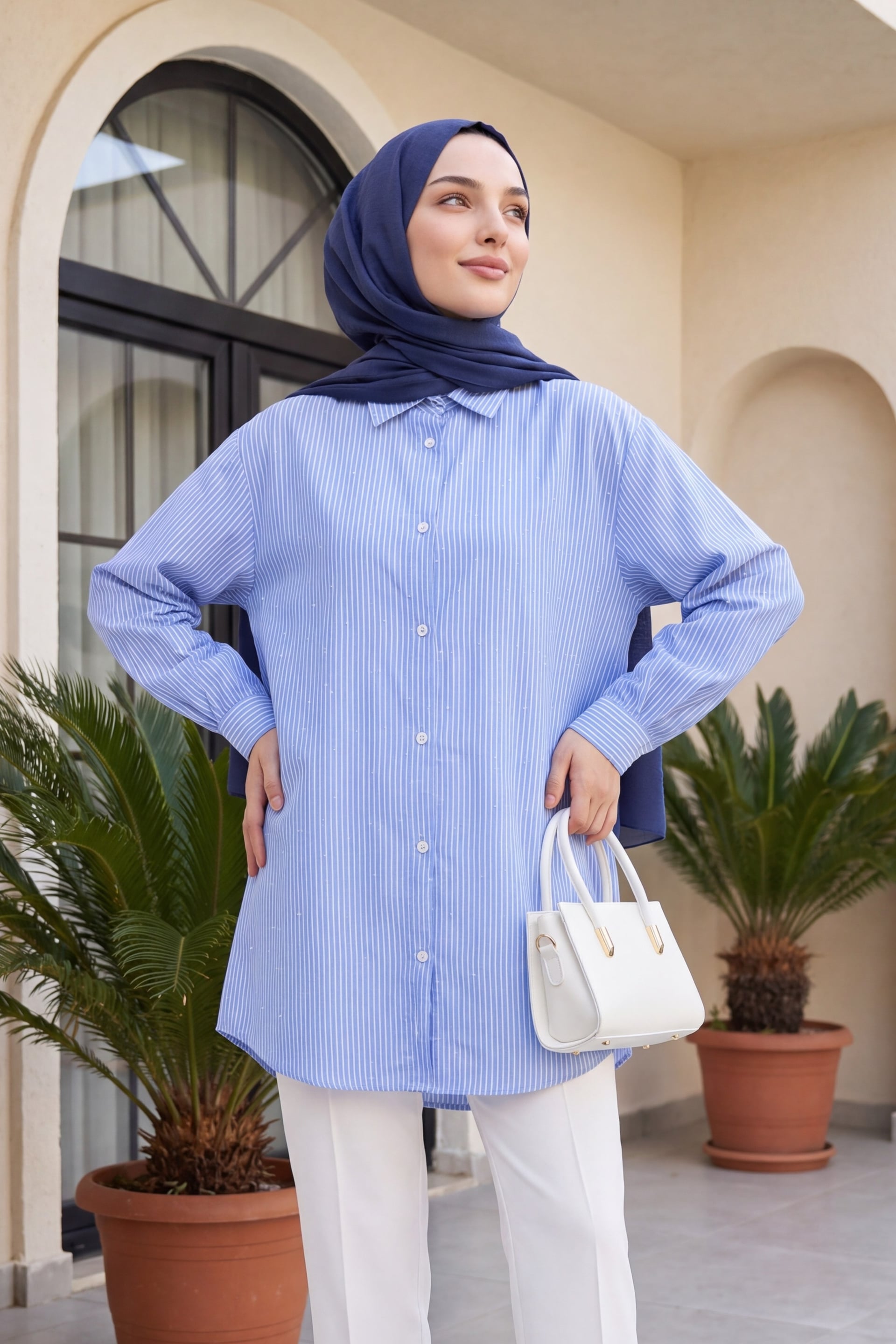 Blue Striped Long-Sleeve Blouse with Scattered Stone Details - Podyumplus - by Peralane - photo 3