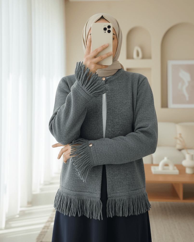 Single Button Fringed Soft Knit Cardigan - Smoke - Podyumplus - by Peralane - photo 2