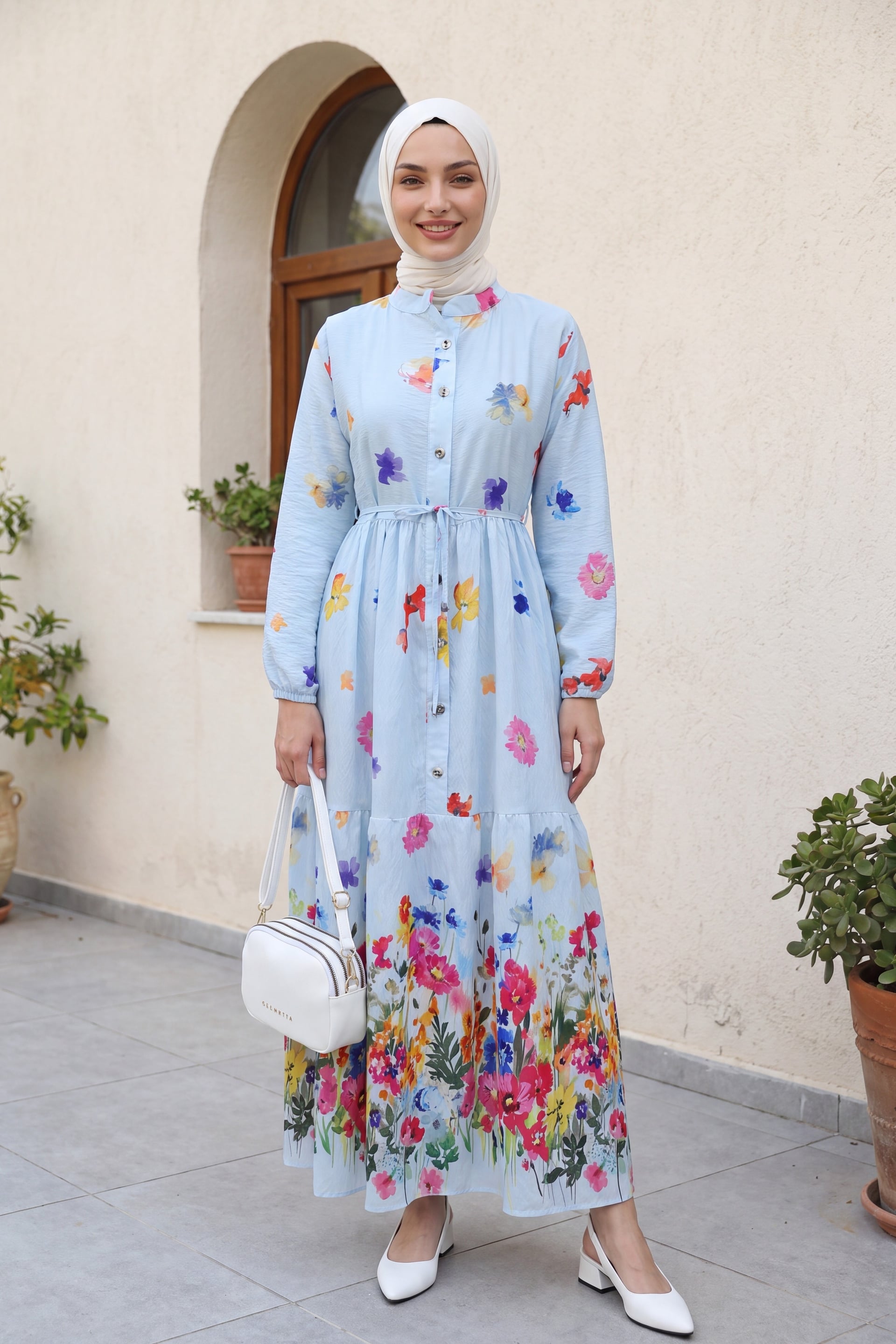 Floral Print Half-Button Belted Midi Dress with Elasticated Cuffs - Light Blue - Podyumplus - by Peralane - photo 3