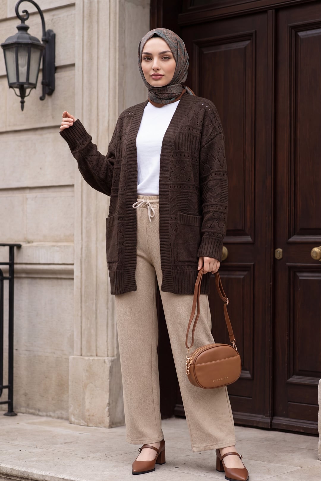 Double Pocket Open Front Ajour Knit Cardigan - Dark Brown - Podyumplus - by Peralane - photo 5